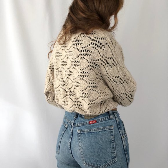 Free People Oversized Wool Open Crochet Cable Knit Cropped Cardigan Sweater Boho - Picture 4 of 9